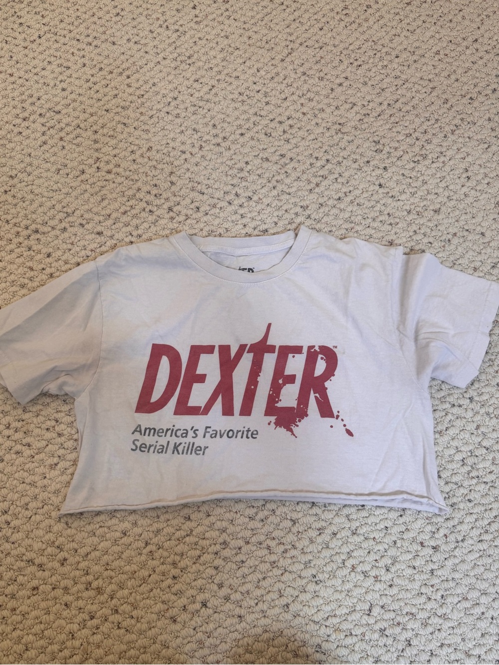 Dexter White cutoff Crop Tee with Red Logo - 0106